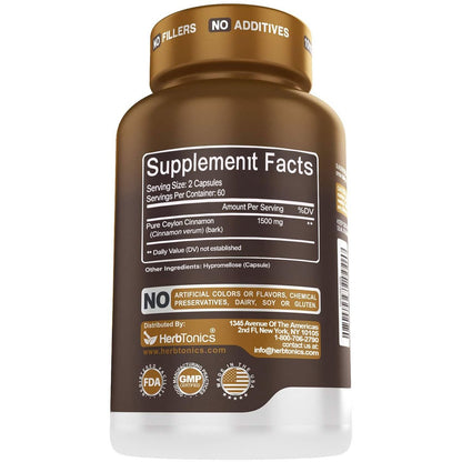 Herbtonics Reines Ceylon Zimt Kapseln | Immunsystem, Gesundes Gewichtsmanagement | Non-GMO, Glutenfrei | 1500 mg - 120 Kapseln