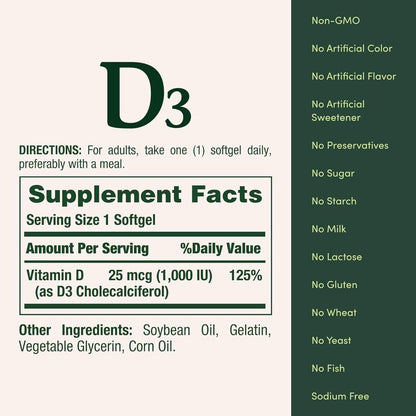 Nature's Bounty Vitamin D3 1000 IE Weichkapseln, 120 Stück