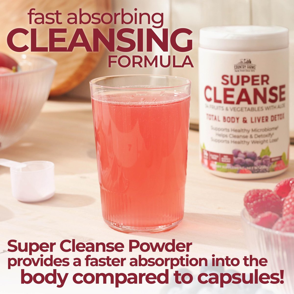 Country Farms Super Cleanse – Super Juice Cleanse Pulver, 34 Früchte & Gemüse mit Aloe Vera, unterstützt gesundes Verdauungssystem, natürliche Entgiftung, 14 Portionen, 280 g