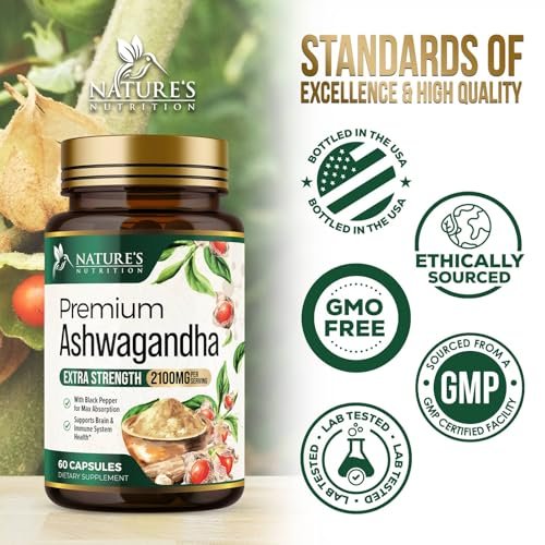 Ashwagandha Kapseln – Hochwertiges Ashwagandha für Frauen & Männer, natürliche Antioxidantien, Extra Stärke mit schwarzem Pfeffer, vegan – 60 Kapseln
