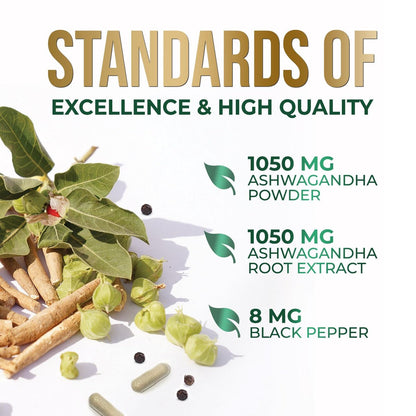 Ashwagandha Kapseln – Hochwertiges Ashwagandha für Frauen & Männer, natürliche Antioxidantien, Extra Stärke mit schwarzem Pfeffer, vegan – 60 Kapseln