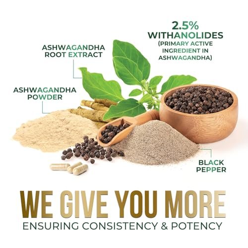 Ashwagandha Kapseln – Hochwertiges Ashwagandha für Frauen & Männer, natürliche Antioxidantien, Extra Stärke mit schwarzem Pfeffer, vegan – 60 Kapseln