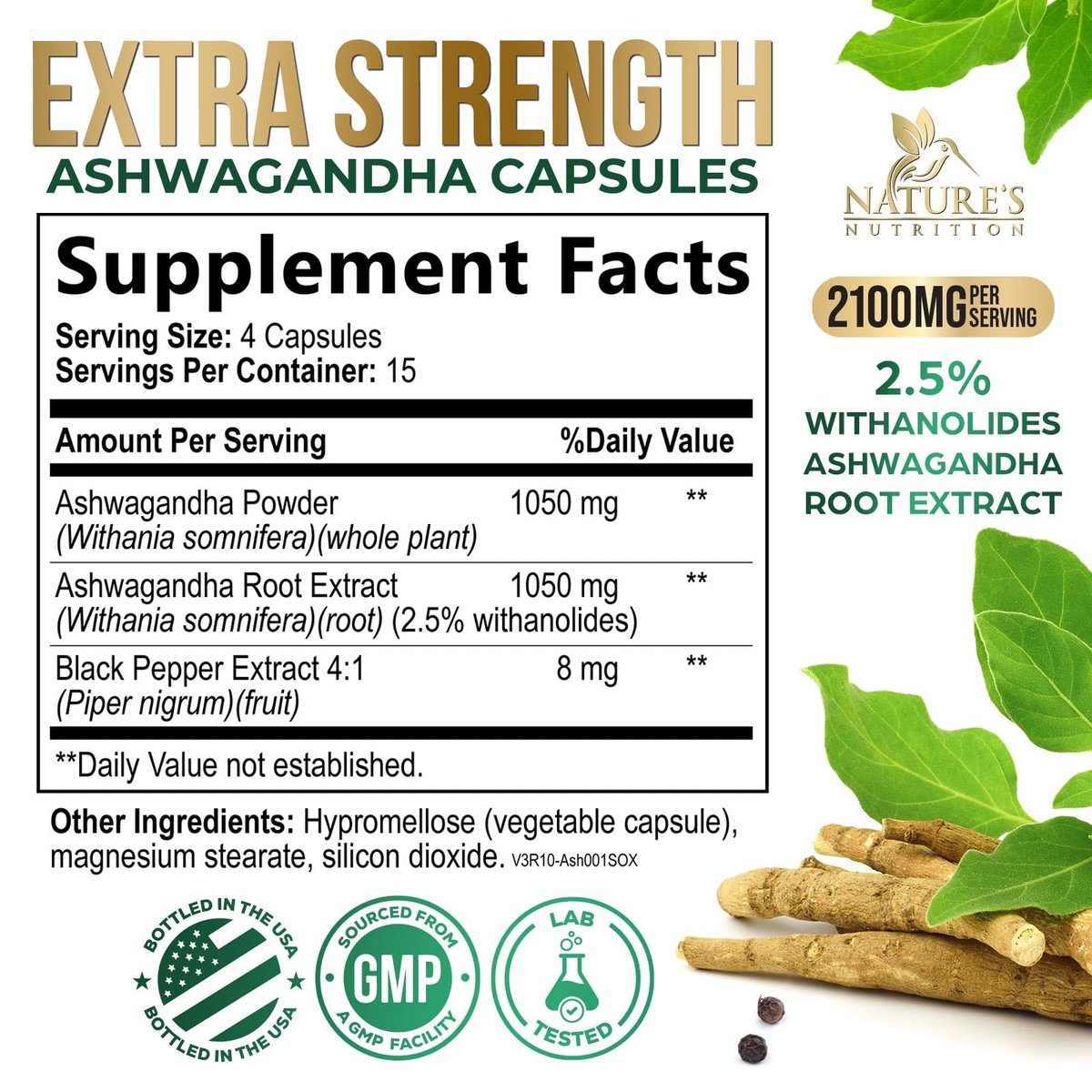Ashwagandha Kapseln – Hochwertiges Ashwagandha für Frauen & Männer, natürliche Antioxidantien, Extra Stärke mit schwarzem Pfeffer, vegan – 60 Kapseln