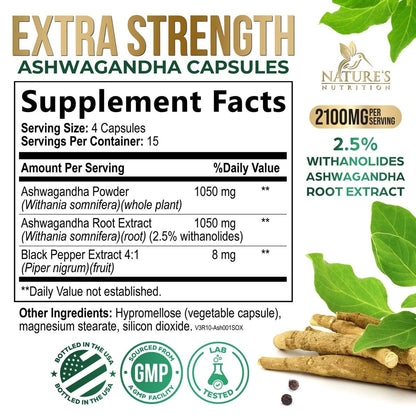 Ashwagandha Kapseln – Hochwertiges Ashwagandha für Frauen & Männer, natürliche Antioxidantien, Extra Stärke mit schwarzem Pfeffer, vegan – 60 Kapseln