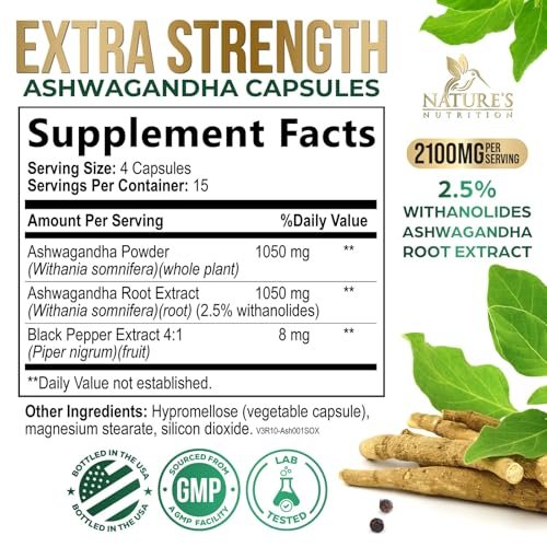 Ashwagandha Kapseln – Hochwertiges Ashwagandha für Frauen & Männer, natürliche Antioxidantien, Extra Stärke mit schwarzem Pfeffer, vegan – 60 Kapseln