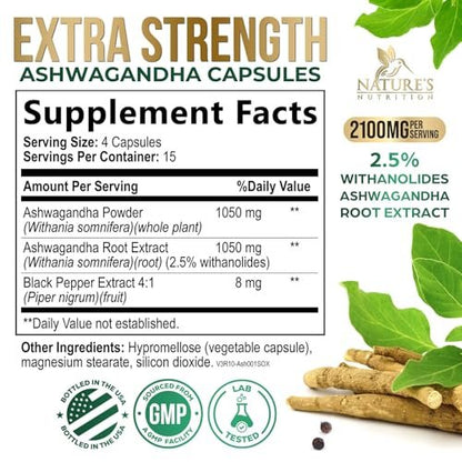 Ashwagandha Kapseln – Hochwertiges Ashwagandha für Frauen & Männer, natürliche Antioxidantien, Extra Stärke mit schwarzem Pfeffer, vegan – 60 Kapseln