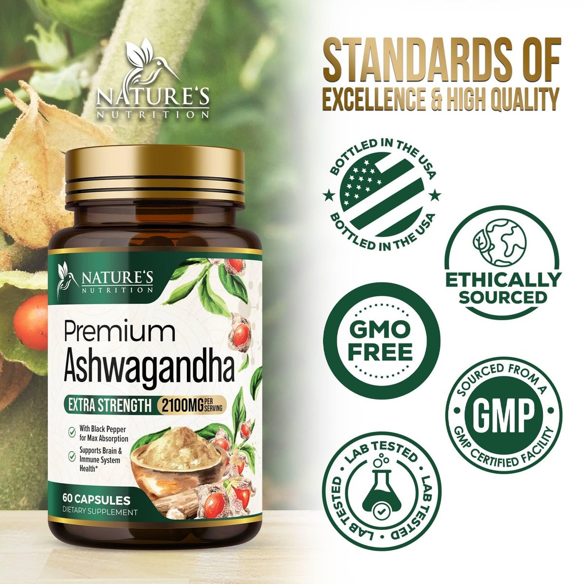 Ashwagandha Kapseln – Hochwertiges Ashwagandha für Frauen & Männer, natürliche Antioxidantien, Extra Stärke mit schwarzem Pfeffer, vegan – 60 Kapseln