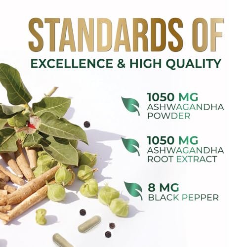 Ashwagandha Kapseln – Hochwertiges Ashwagandha für Frauen & Männer, natürliche Antioxidantien, Extra Stärke mit schwarzem Pfeffer, vegan – 60 Kapseln