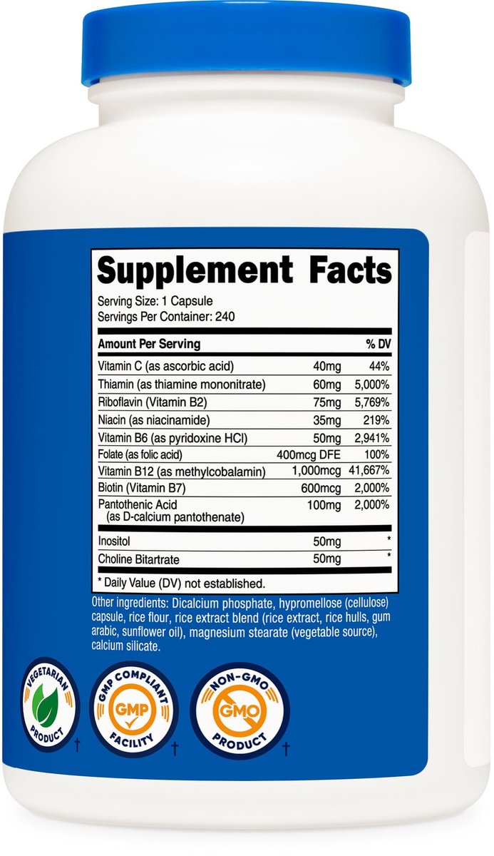 Nutricost Vitamin B Komplex 462mg, 240 Kapseln – mit Vitamin C – Energiekomplex