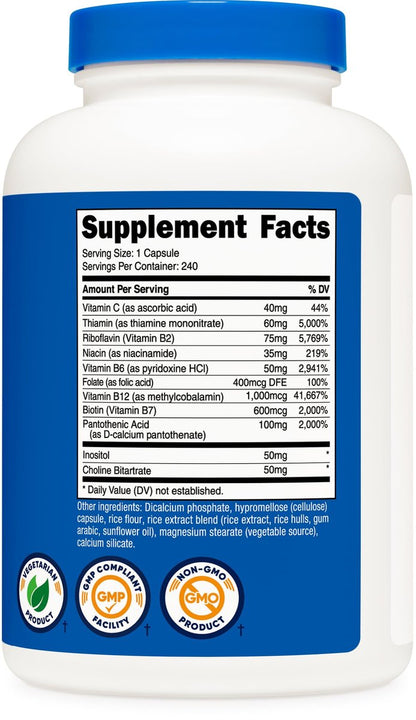 Nutricost Vitamin B Komplex 462mg, 240 Kapseln – mit Vitamin C – Energiekomplex