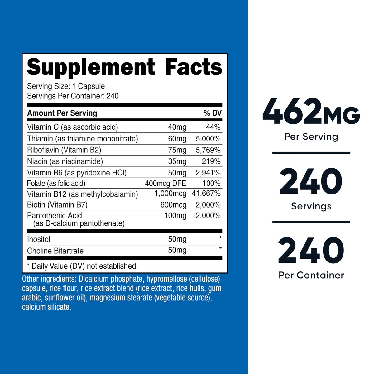 Nutricost Vitamin B Komplex 462mg, 240 Kapseln – mit Vitamin C – Energiekomplex