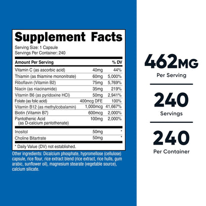 Nutricost Vitamin B Komplex 462mg, 240 Kapseln – mit Vitamin C – Energiekomplex