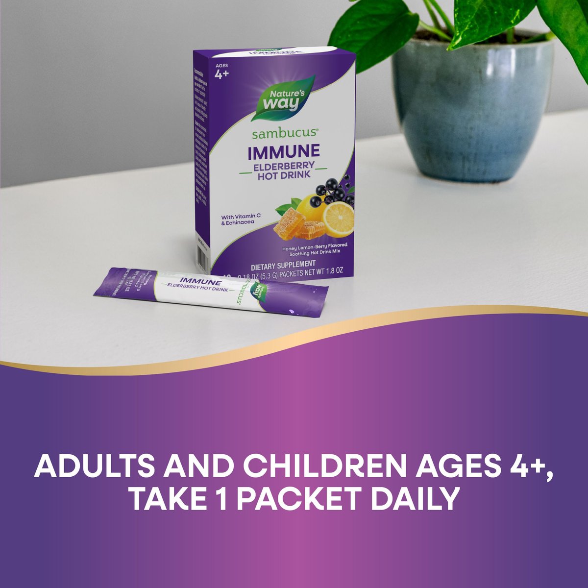 Nature's Way Sambucus Holunder Heißgetränk mit Vitamin C und Echinacea, Immununterstützung*, Honig-Zitrone-Beere-Geschmack, 10 Portionsbeutel (Verpackung kann variieren)