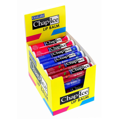 Chap-Ice® Premium Lippenbalsam für spröde, trockene und windverbrannte Lippen | 3 Geschmacksrichtungen (SPF-15) - Kirsche, Feuchtigkeit & Wassermelone | 24 Sticks (0,15 oz / 4,25 g)