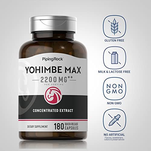 Piping Rock Yohimbe Kapseln für Männer | 180 Kapseln | Max. konzentrierter Extrakt | mit Pausinystalia Yohimbe | Non-GMO, glutenfrei