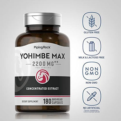 Piping Rock Yohimbe Kapseln für Männer | 180 Kapseln | Max. konzentrierter Extrakt | mit Pausinystalia Yohimbe | Non-GMO, glutenfrei