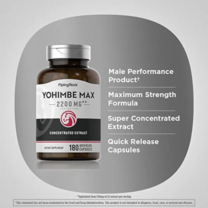 Piping Rock Yohimbe Kapseln für Männer | 180 Kapseln | Max. konzentrierter Extrakt | mit Pausinystalia Yohimbe | Non-GMO, glutenfrei