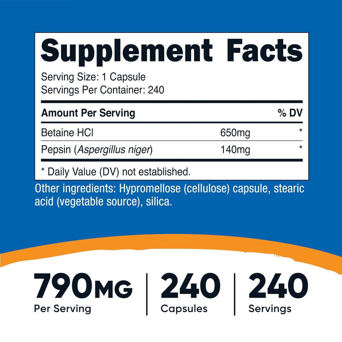 Nutricost Betain HCl + Pepsin 790 mg, 240 Kapseln – Vegetarisch & GVO-frei