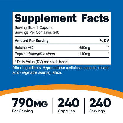 Nutricost Betain HCl + Pepsin 790 mg, 240 Kapseln – Vegetarisch & GVO-frei