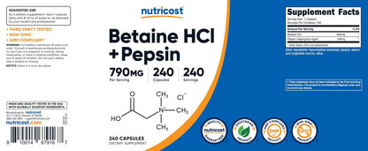 Nutricost Betain HCl + Pepsin 790 mg, 240 Kapseln – Vegetarisch & GVO-frei