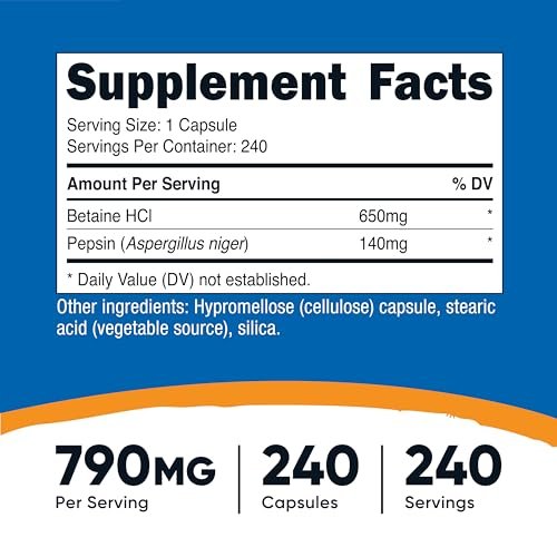 Nutricost Betain HCl + Pepsin 790 mg, 240 Kapseln – Vegetarisch & GVO-frei