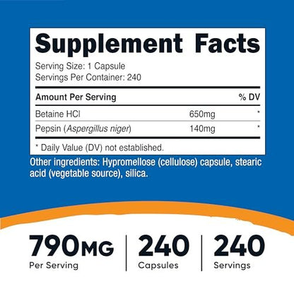 Nutricost Betain HCl + Pepsin 790 mg, 240 Kapseln – Vegetarisch & GVO-frei