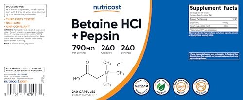 Nutricost Betain HCl + Pepsin 790 mg, 240 Kapseln – Vegetarisch & GVO-frei