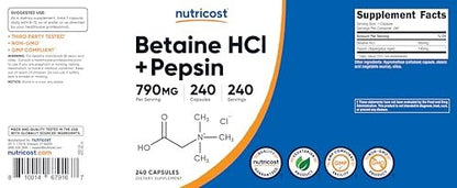 Nutricost Betain HCl + Pepsin 790 mg, 240 Kapseln – Vegetarisch & GVO-frei