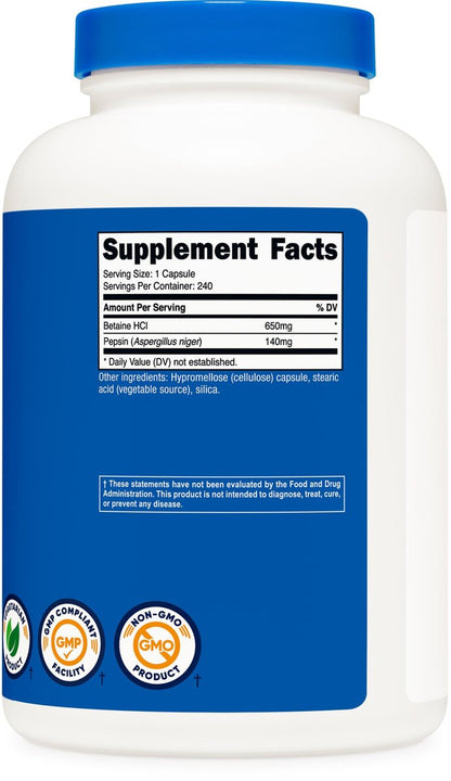 Nutricost Betain HCl + Pepsin 790 mg, 240 Kapseln – Vegetarisch & GVO-frei