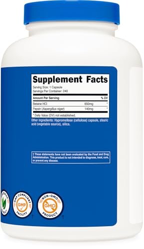 Nutricost Betain HCl + Pepsin 790 mg, 240 Kapseln – Vegetarisch & GVO-frei