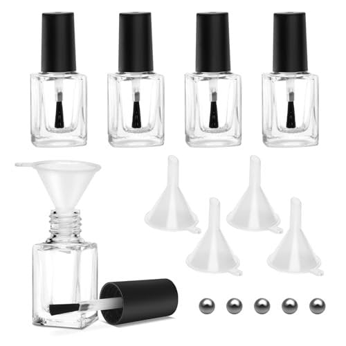 AHIER Leere Nagellackflaschen aus Glas mit Pinsel, Trichter und Mischkugel (7 ml, 5 Stück)