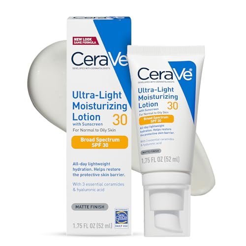 CeraVe Ultra-Leichte Feuchtigkeitslotion mit LSF 30, tägliche Gesichtsfeuchtigkeitscreme mit Sonnenschutz, Hyaluronsäure & Ceramiden, Breitband-SPF, ölfrei, mattes Finish, 1,7 Unzen