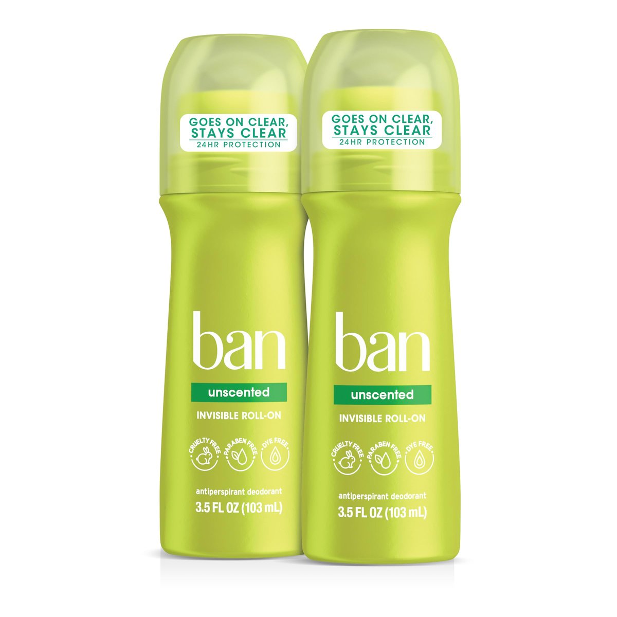 Ban Invisible Roll-on Antiperspirant Deodorant für Damen und Herren, 24-Stunden Schutz vor Achselgeruch & Schweiß, unparfümiert, 3,5 oz, Packung mit 2