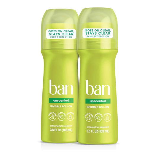 Ban Invisible Roll-on Antiperspirant Deodorant für Damen und Herren, 24-Stunden Schutz vor Achselgeruch & Schweiß, unparfümiert, 3,5 oz, Packung mit 2