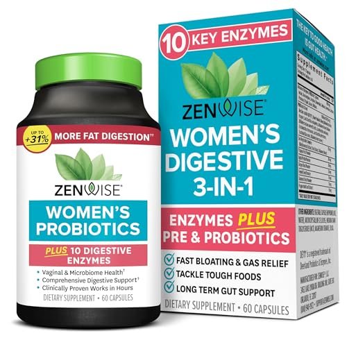 Zenwise Health 3-in-1 Probiotikum für Frauen – Tägliches Probiotikum & Präbiotikum für Verdauungs-, Darmflora- und Vaginalgesundheit mit Verdauungsenzymen, gegen Blähungen und Völlegefühl – 60 Kapseln