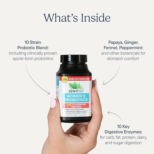 Zenwise Health 3-in-1 Probiotikum für Frauen – Tägliches Probiotikum & Präbiotikum für Verdauungs-, Darmflora- und Vaginalgesundheit mit Verdauungsenzymen, gegen Blähungen und Völlegefühl – 60 Kapseln