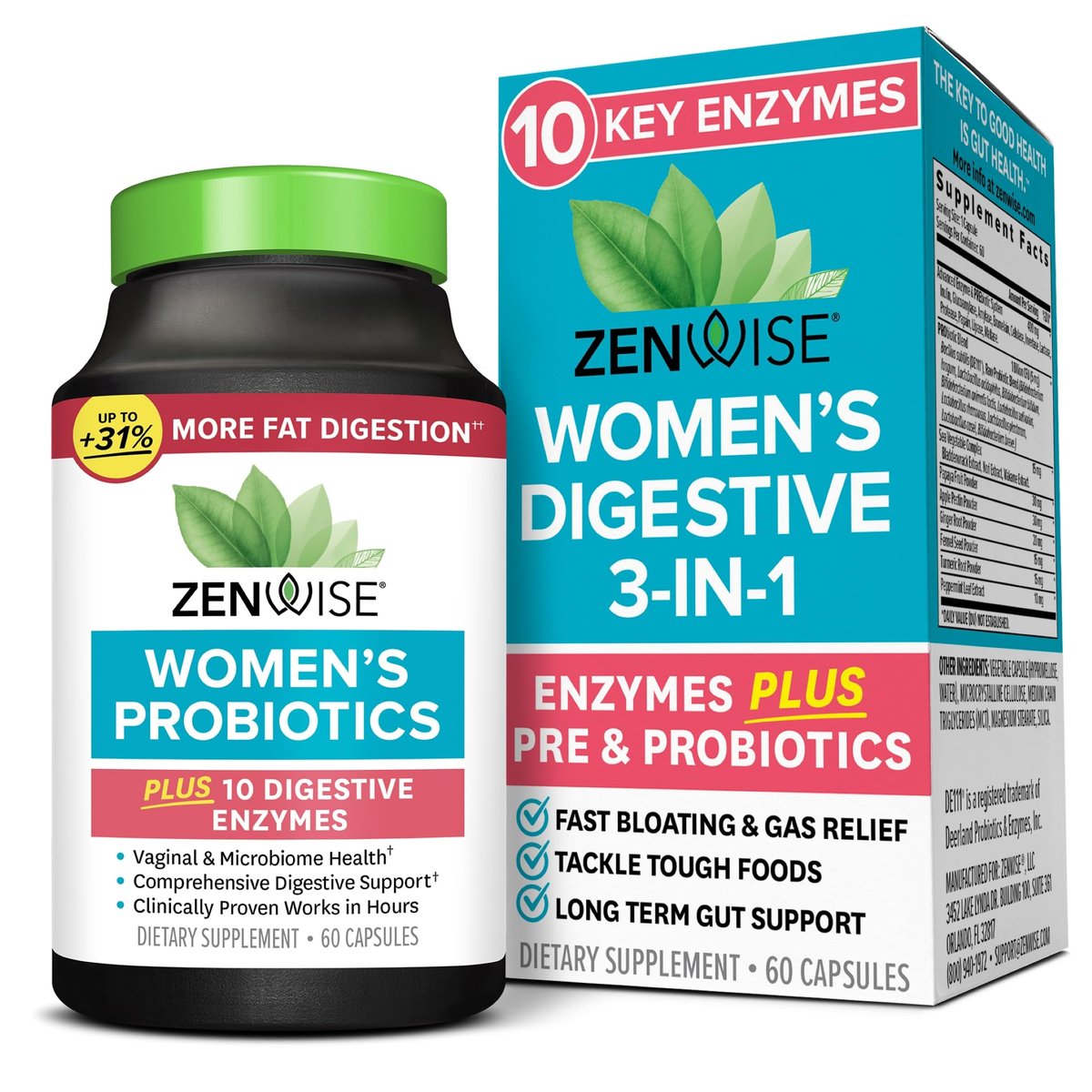 Zenwise Health 3-in-1 Probiotikum für Frauen – Tägliches Probiotikum & Präbiotikum für Verdauungs-, Darmflora- und Vaginalgesundheit mit Verdauungsenzymen, gegen Blähungen und Völlegefühl – 60 Kapseln