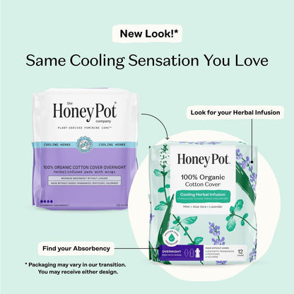 The Honey Pot Company – Kräuter-Pads für Frauen – Overnight mit Flügeln – mit ätherischen Ölen für kühlenden Effekt & Bio-Baumwollbezug – Damenhygiene – 12 Stück