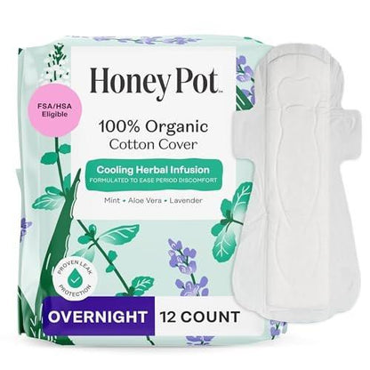 The Honey Pot Company – Kräuter-Pads für Frauen – Overnight mit Flügeln – mit ätherischen Ölen für kühlenden Effekt & Bio-Baumwollbezug – Damenhygiene – 12 Stück