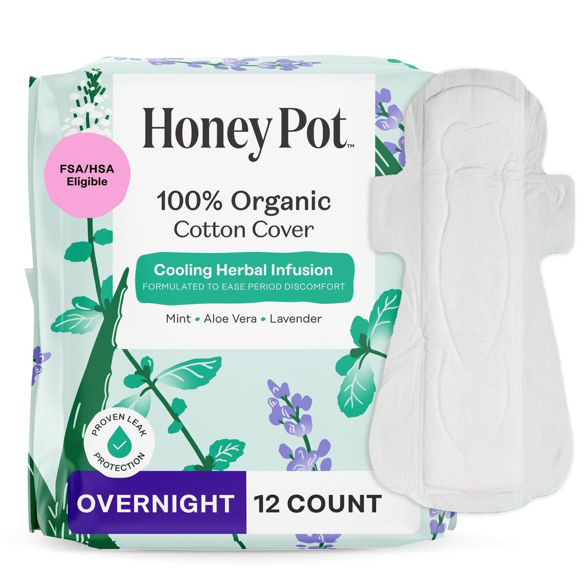 The Honey Pot Company – Kräuter-Pads für Frauen – Overnight mit Flügeln – mit ätherischen Ölen für kühlenden Effekt & Bio-Baumwollbezug – Damenhygiene – 12 Stück
