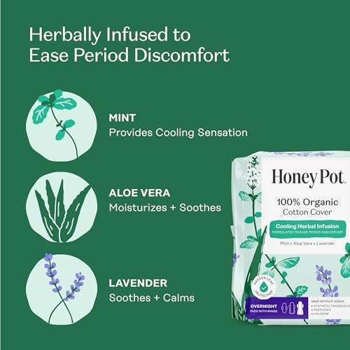 The Honey Pot Company – Kräuter-Pads für Frauen – Overnight mit Flügeln – mit ätherischen Ölen für kühlenden Effekt & Bio-Baumwollbezug – Damenhygiene – 12 Stück