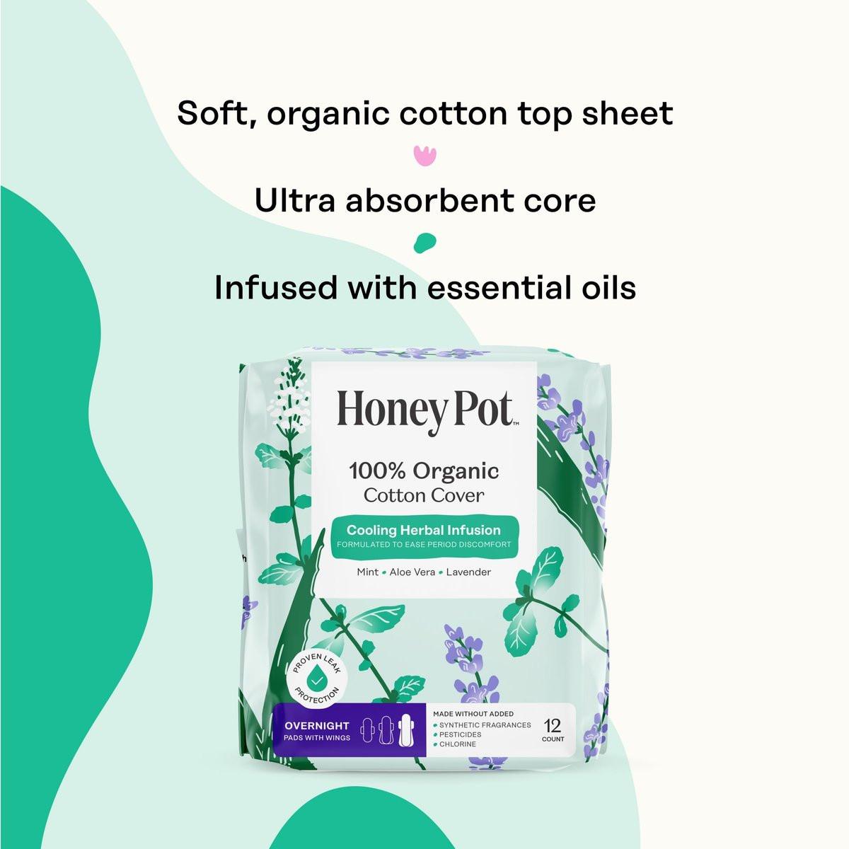The Honey Pot Company – Kräuter-Pads für Frauen – Overnight mit Flügeln – mit ätherischen Ölen für kühlenden Effekt & Bio-Baumwollbezug – Damenhygiene – 12 Stück