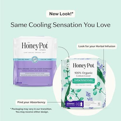 The Honey Pot Company – Kräuter-Pads für Frauen – Overnight mit Flügeln – mit ätherischen Ölen für kühlenden Effekt & Bio-Baumwollbezug – Damenhygiene – 12 Stück