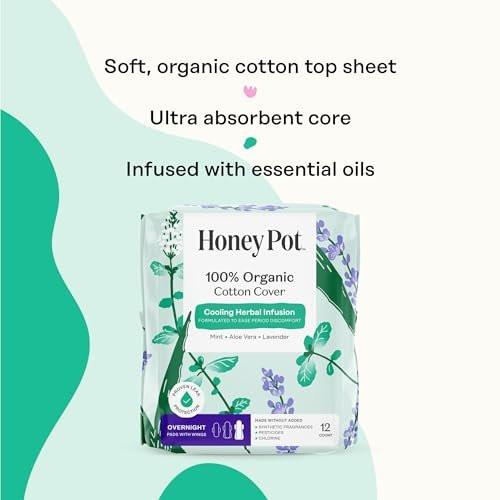 The Honey Pot Company – Kräuter-Pads für Frauen – Overnight mit Flügeln – mit ätherischen Ölen für kühlenden Effekt & Bio-Baumwollbezug – Damenhygiene – 12 Stück