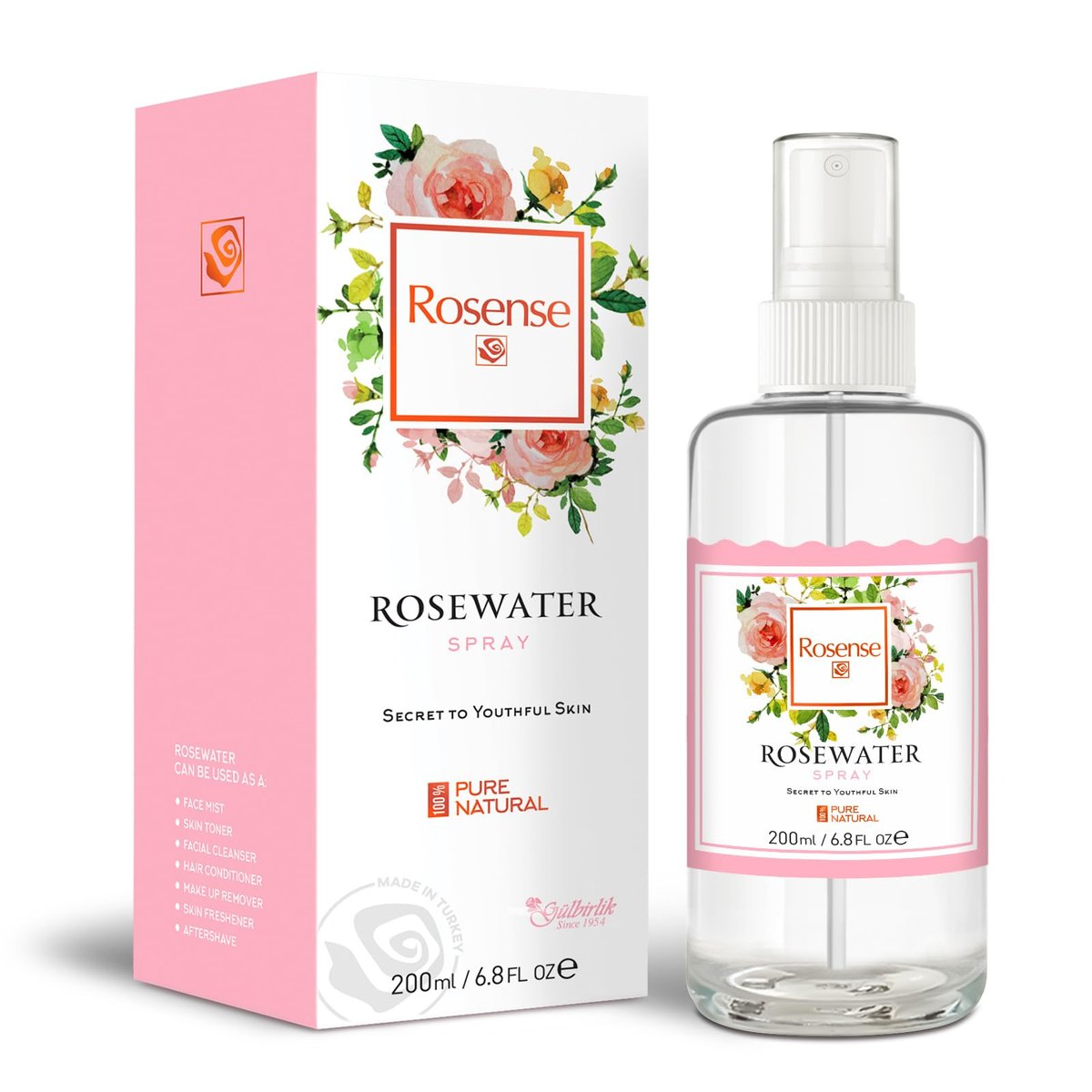 Rosense Rosenwasser Gesichtstonikum im Glasflakon – Feuchtigkeitsspendender Gesichtsnebel 200 ml