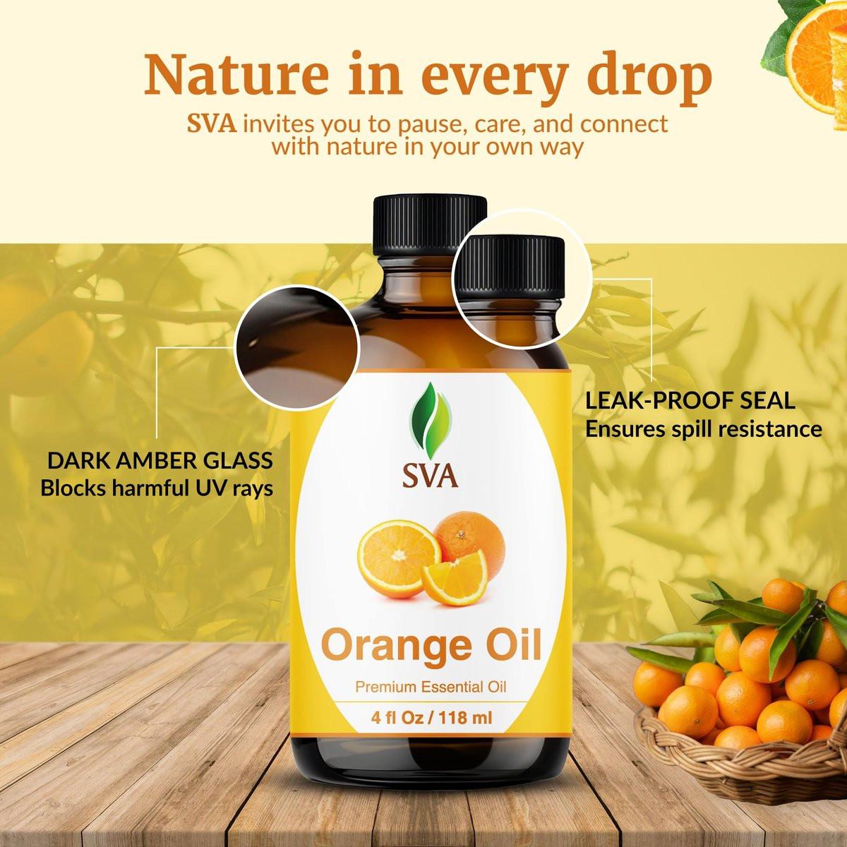 SVA Orangenöl – 118 ml – 100% reines Orangenöl für Diffuser, Haare, Gesicht, Hautpflege, Aromatherapie, Kopfhaut- und Körpermassage, Seifen- und Kerzenherstellung – mit Pipette