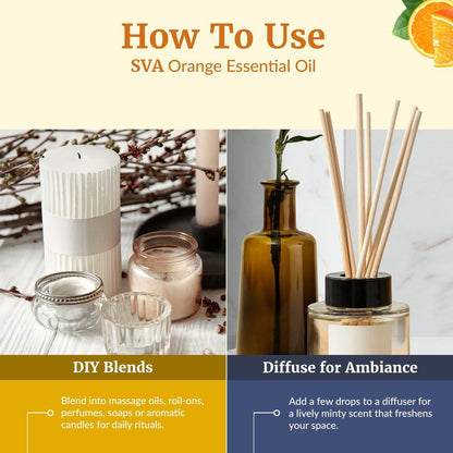SVA Orangenöl – 118 ml – 100% reines Orangenöl für Diffuser, Haare, Gesicht, Hautpflege, Aromatherapie, Kopfhaut- und Körpermassage, Seifen- und Kerzenherstellung – mit Pipette