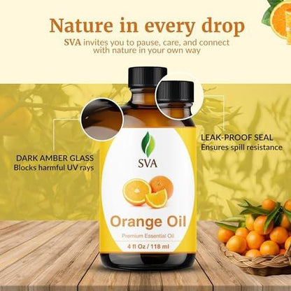 SVA Orangenöl – 118 ml – 100% reines Orangenöl für Diffuser, Haare, Gesicht, Hautpflege, Aromatherapie, Kopfhaut- und Körpermassage, Seifen- und Kerzenherstellung – mit Pipette