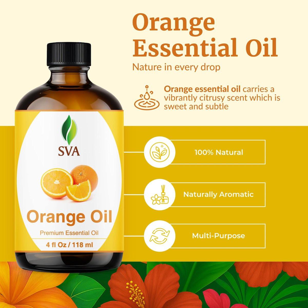 SVA Orangenöl – 118 ml – 100% reines Orangenöl für Diffuser, Haare, Gesicht, Hautpflege, Aromatherapie, Kopfhaut- und Körpermassage, Seifen- und Kerzenherstellung – mit Pipette