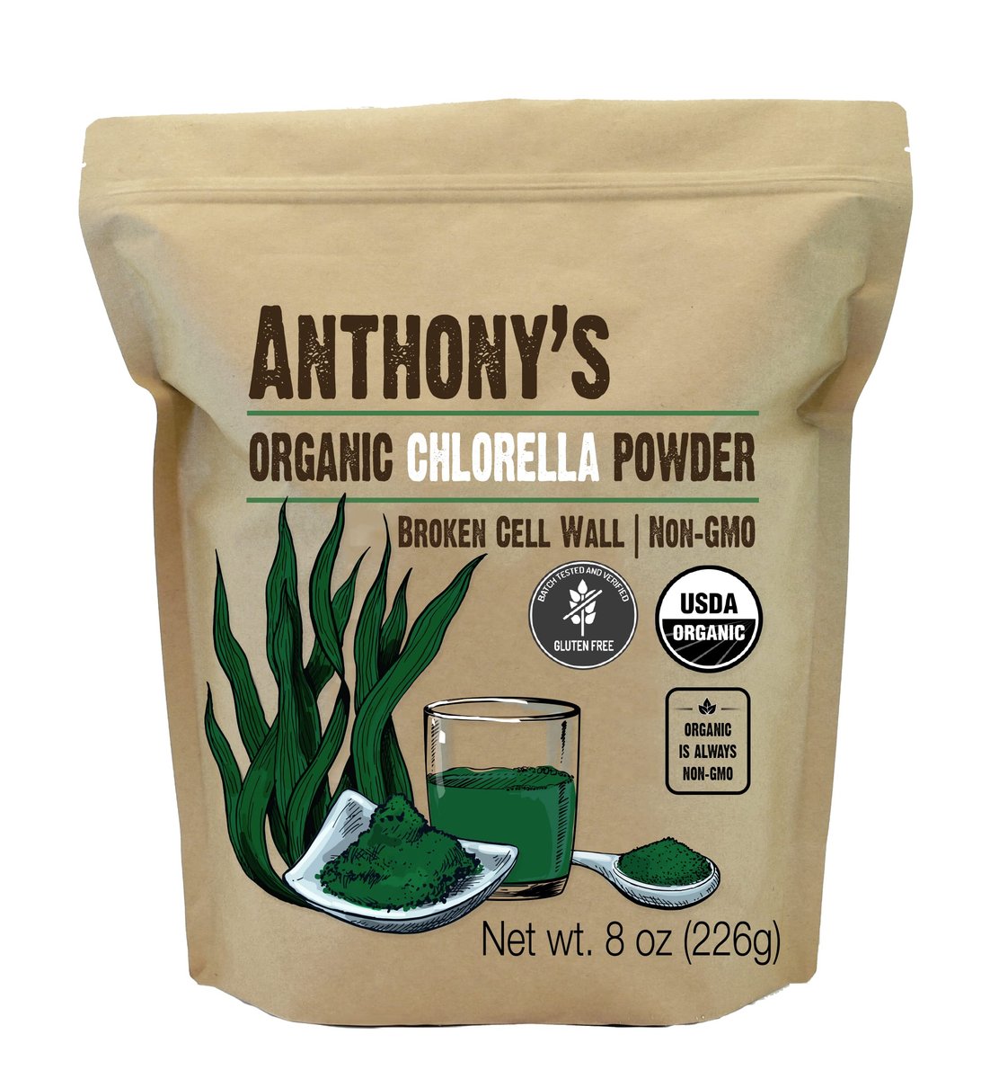 Anthony's Bio Chlorella Pulver, 227 g, Nicht GVO, Glutenfrei, Aufgebrochene Zellwand